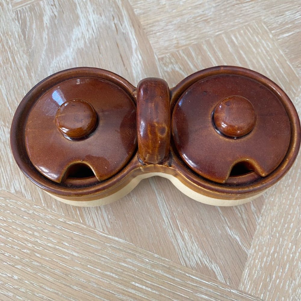 Vintage Brown Ceramic Double Condiment Dish